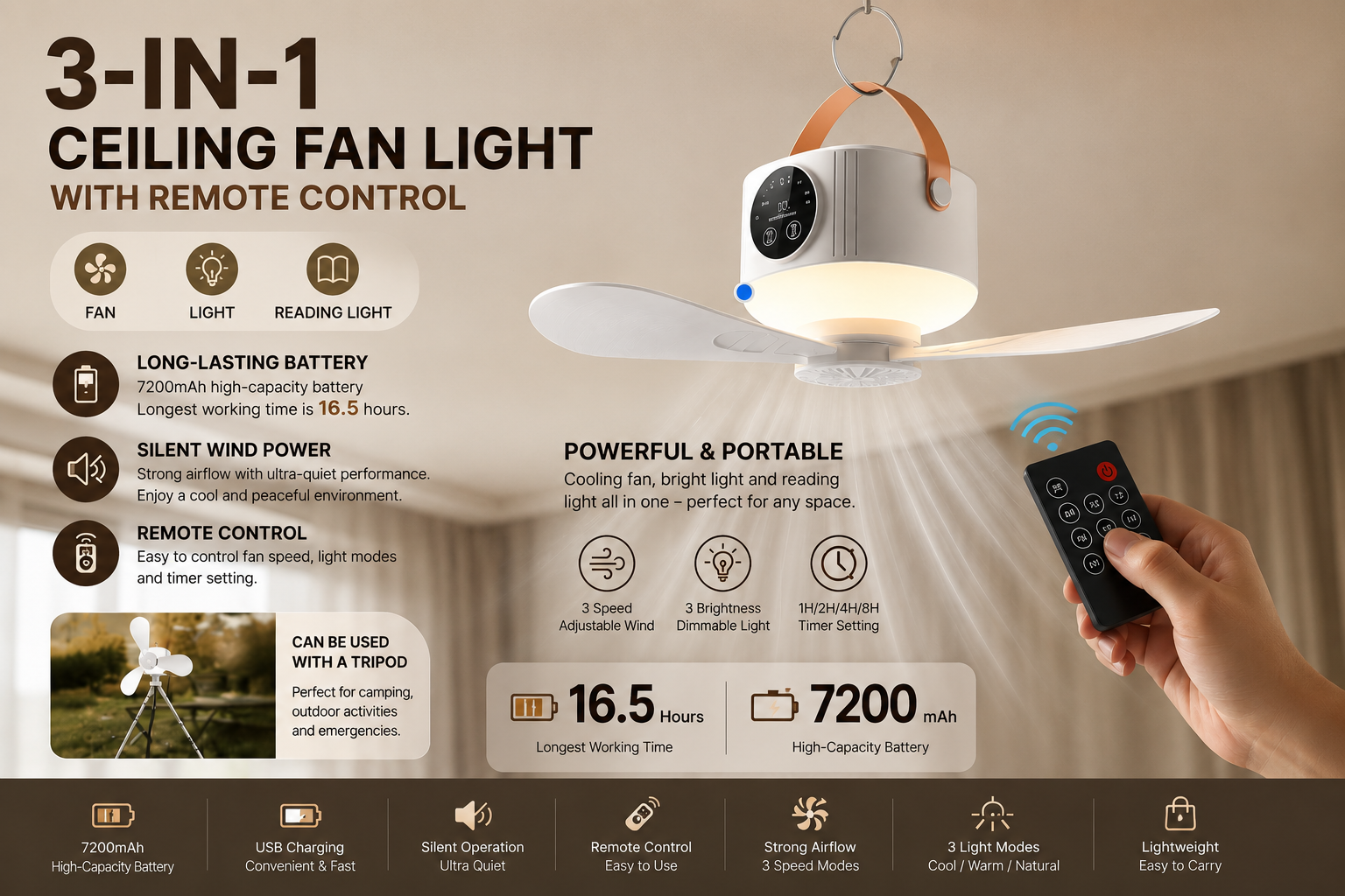 Zentryx™ AirGlow Pro – Portable Ceiling Fan & LED Light